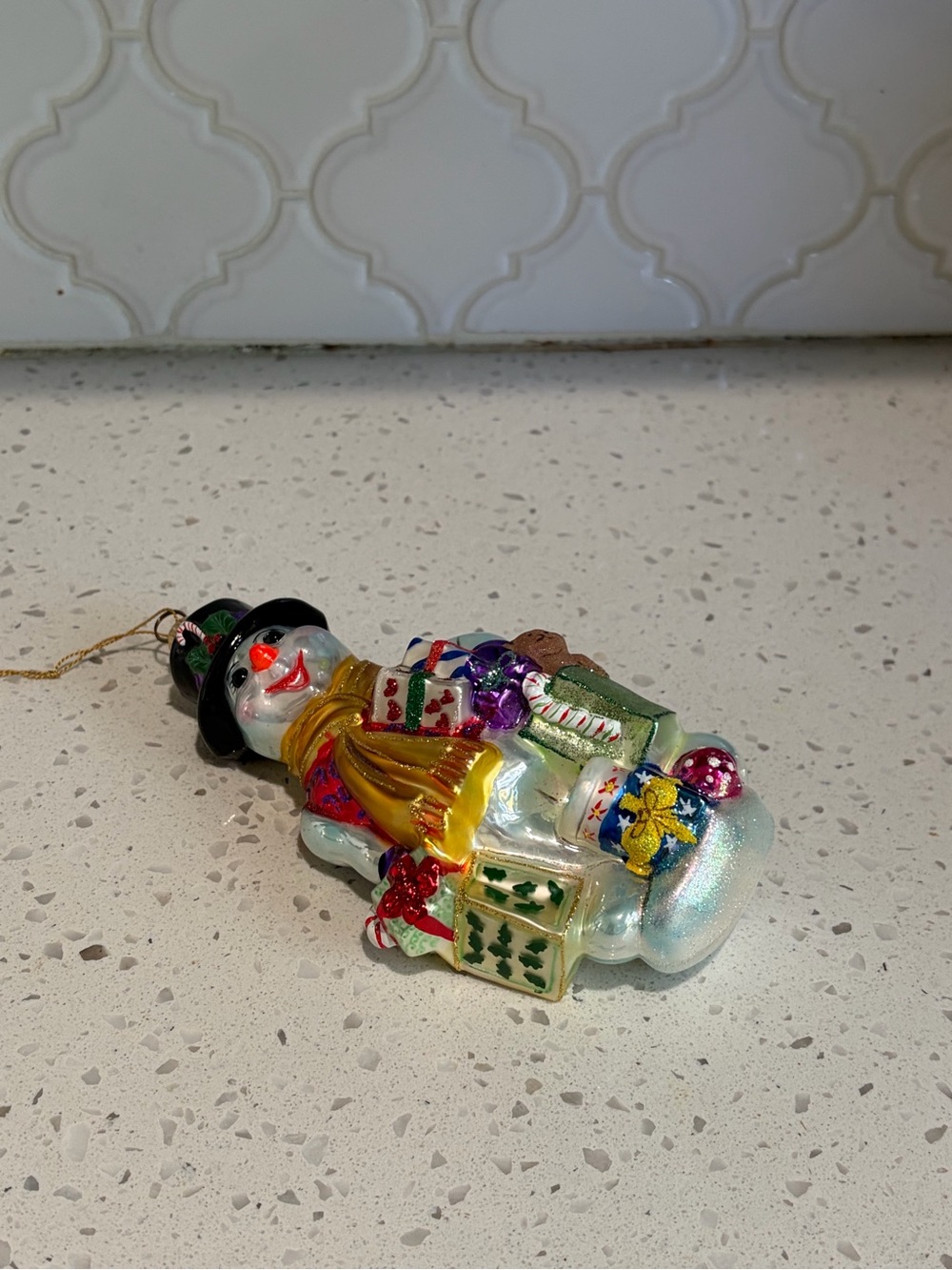 Festive Glass Snowman Ornament with Gold Scarf